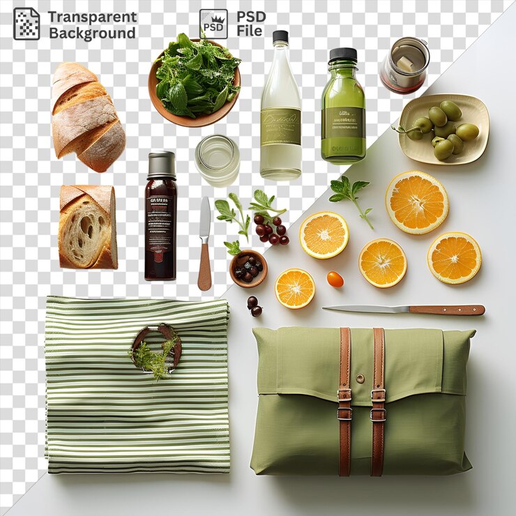 PSD set de picnic de retratos con una variedad de alimentos y bebidas, incluidas naranjas de pan cortadas y una bolsa verde dispuesta en un fondo transparente con un cuchillo de plata y una botella marrón