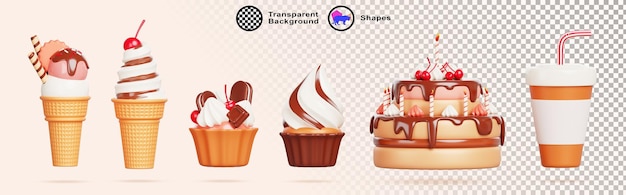 Set de postres dulces 3d pastel de chocolate de cumpleaños con vela pastel con crema y helado de cereza bebida en taza con paja menú de confitería de café aislado iconos de renderización realista