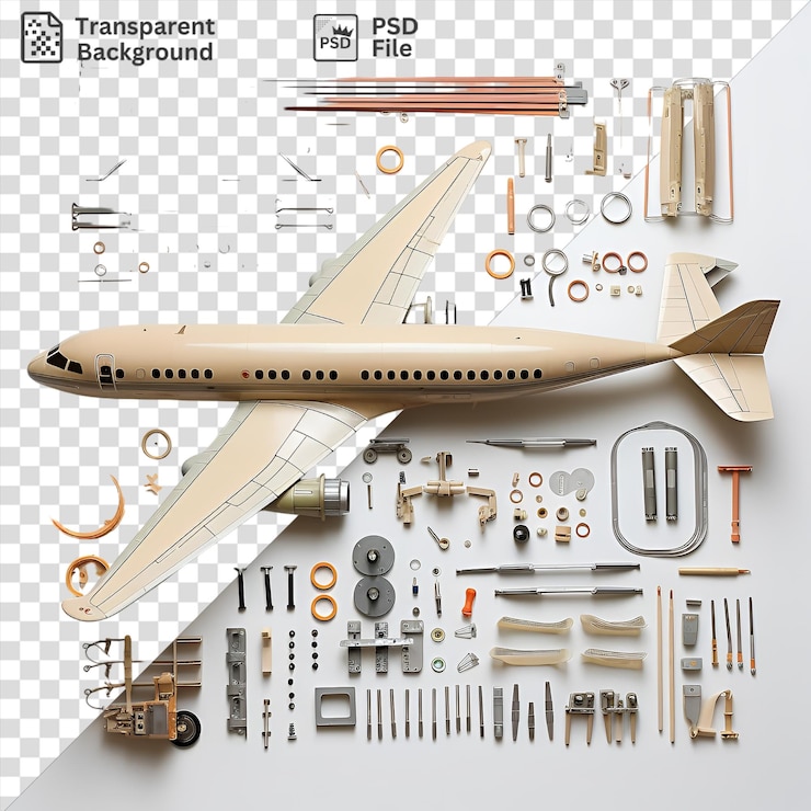 PSD set premium de construcción de aviones modelo con un avión blanco con un motor rojo y naranja acompañado de un reloj de oro y una pequeña ventana