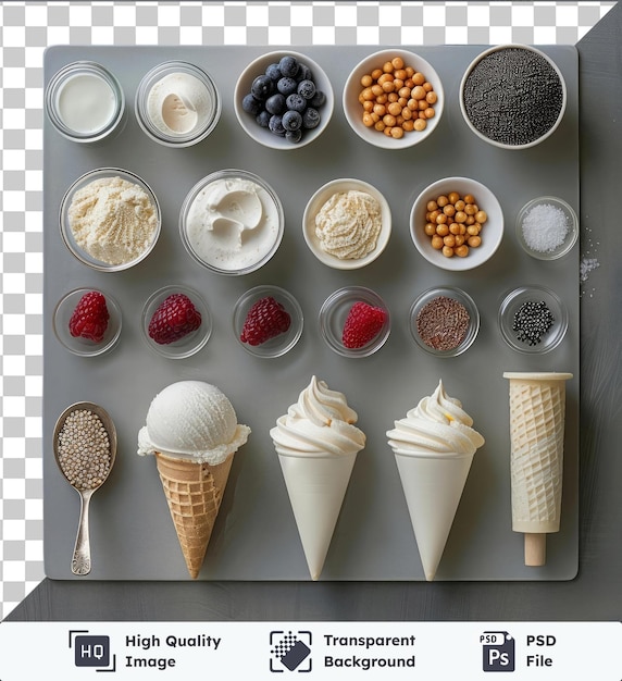 PSD set premium de produção de sorvete psd de alta qualidade com uma variedade de sabores e coberturas, incluindo sorvete branco, chocolate e sorvete branco e uma variedade de tigelas e colheres