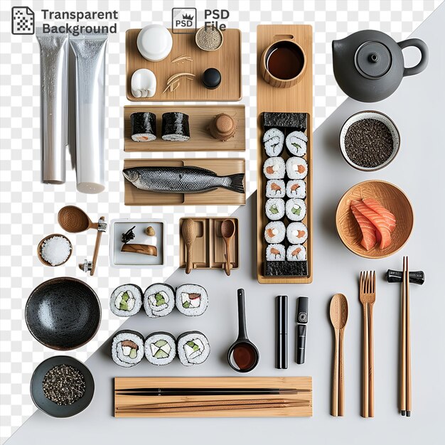 Set De Préparation Des Amateurs De Sushi Affiché Sur Un Fond Transparent Avec Une Variété De Bols Et D'ustensiles, Y Compris Une Cuillère En Bois Brune Et Des Baguettes En Bois