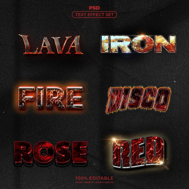 Set PSD d'effets de texte avec des styles Lava Iron Fire Disco Rose et Red