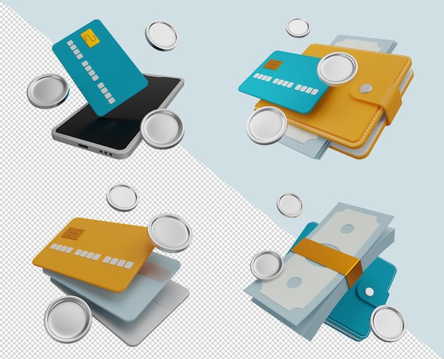 PSD set de rendu 3d portefeuille bleu et jaune pièces d'or cartes de crédit paiement mobile sûr