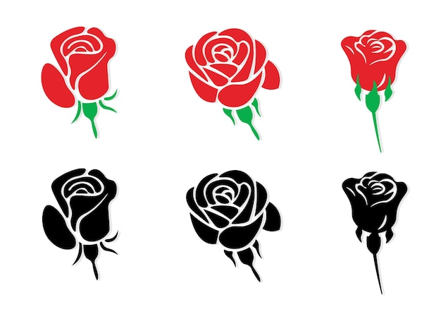 Set de rose rouge vecteur quatre fleurs en fleurs avec des feuilles vertes amp silhouettes correspondantes pour Valentines
