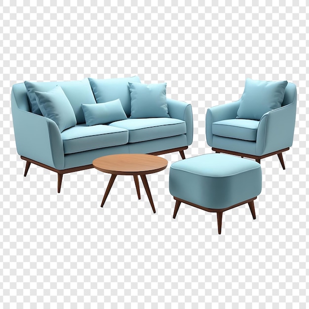 Set de salon bleu avec canapé, fauteuil ottoman et table à café