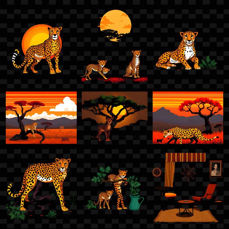 PSD set savannah lodge with cheetahs cheetah print decor warm colors afric png house element designsa
