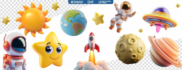 PSD set spatial de dessins animés rocket ufo astronaute étoile planète soleil terre lune