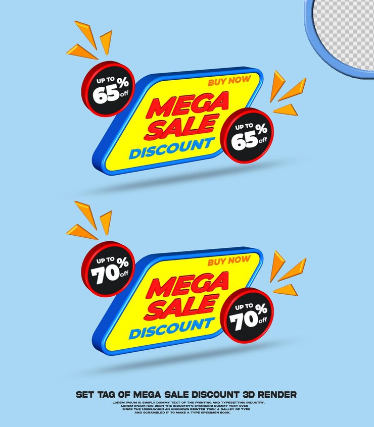 PSD set tag of mega sale discount promotion yellow color colection 3d