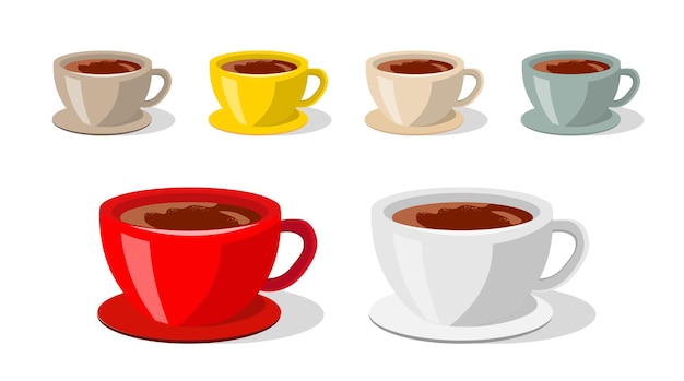 Set de tasses de café colorées remplies de café sur fond blanc