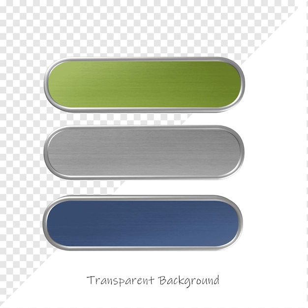 Set de trois boutons métalliques rectangulaires rendus en 3D dans différentes couleurs