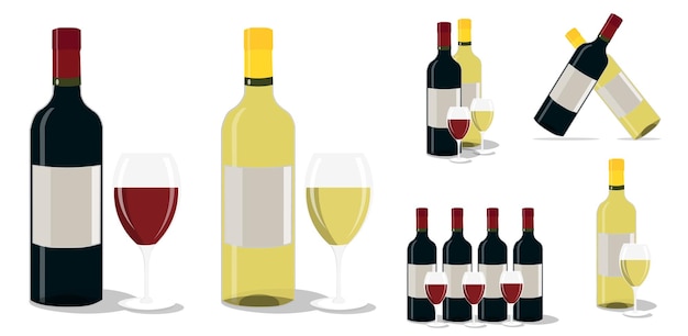 Set vettoriale di bottiglie di vino e bicchieri
