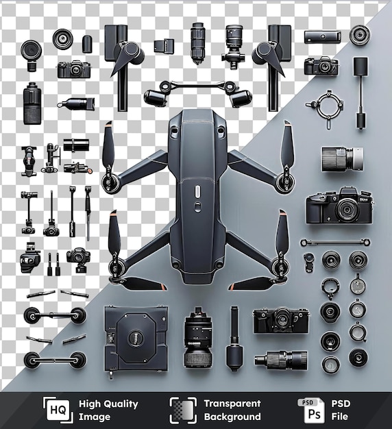 Set De Vol Et De Photographie De Drones Psd Transparents De Haute Qualité Avec Une Variété De Caméras, Y Compris Des Modèles Noir, Argent, Gris Et Noir Et Argent.