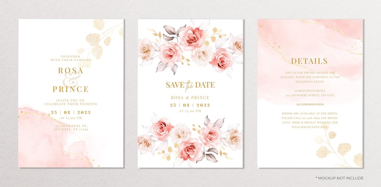 PSD set von aquarell hochzeits-einladung vorlage mit rosa blumen und blätter dekoration