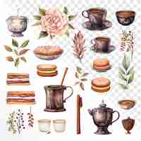 PSD set von aquarell-vintage-kaffee, tee und snack-gadget aquarell, isoliert auf weißem hintergrund