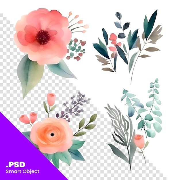 PSD set von aquarellblumen und -blättern handgezeichneter illustrations-psd-vorlage