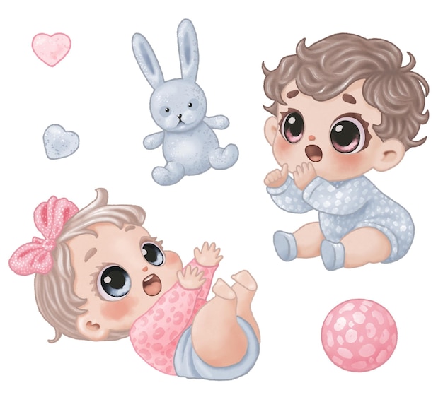 Set von Aquarellzeichnungen von zwei Babys, einem weichen Spielzeug, einem Kaninchenball und Herzen in pastellrosa-blauen Farben