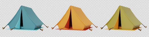 Set von Campingzelten isoliert Campingausrüstung Sommercamp-Konzept Urlaub Urlaub 3D-Rendering