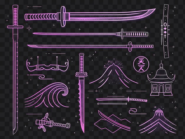 PSD set von naginata pixel item mit samurai design und wellen und japane game asset art design concept