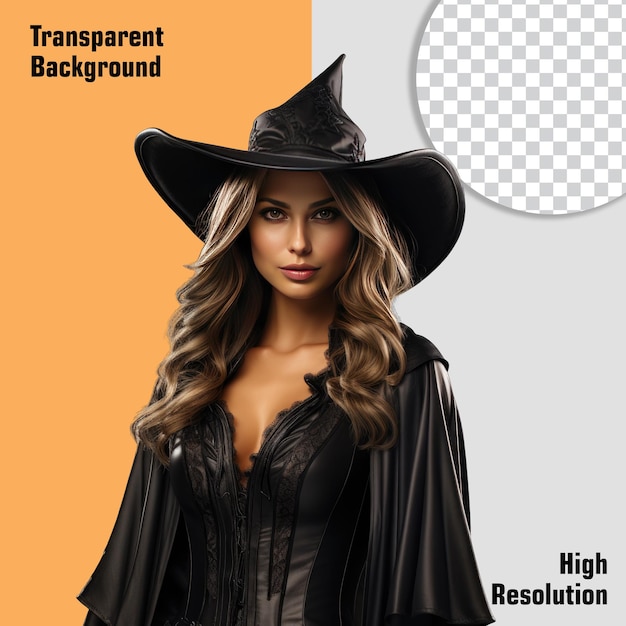 PSD set von schönen hexen aus halloween in einem schwarzen kleid, isoliert auf einem transparenten oder weißen hintergrund