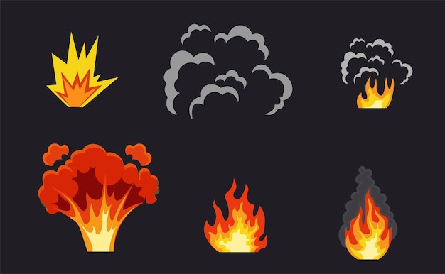 Set von Zeichentrickfilmen mit Feuer, Rauch und Explosions-Ikonen auf dunklem Hintergrund