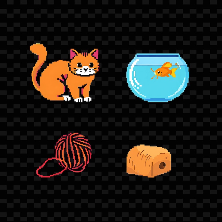 PSD set with items cat yarn ball fishbowl scratching post a cute cat with a fluffy tail a ball of yar