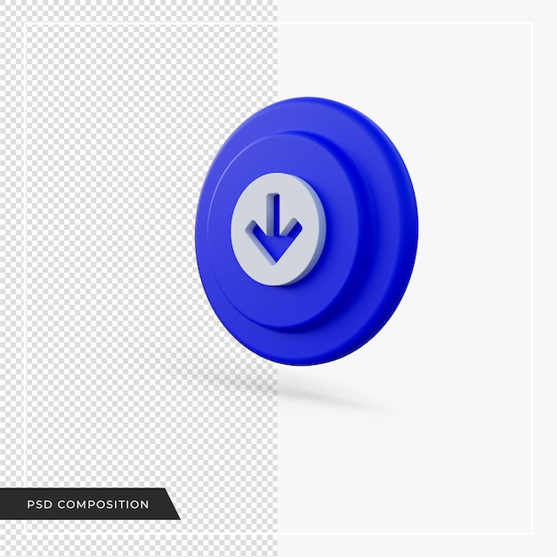 Seta apontando para baixo ícone redondo azul renderização 3d