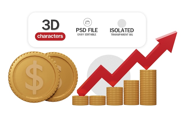 PSD seta do gráfico de crescimento financeiro com moedas de ouro em um fundo transparente