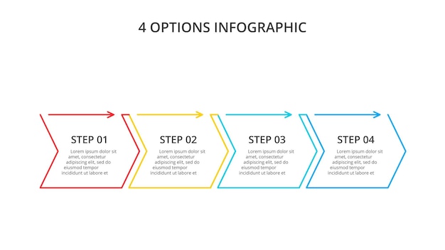 Setas planas de linha fina para conceito de negócios infográfico com etapas ou processos de 4 opções de peças