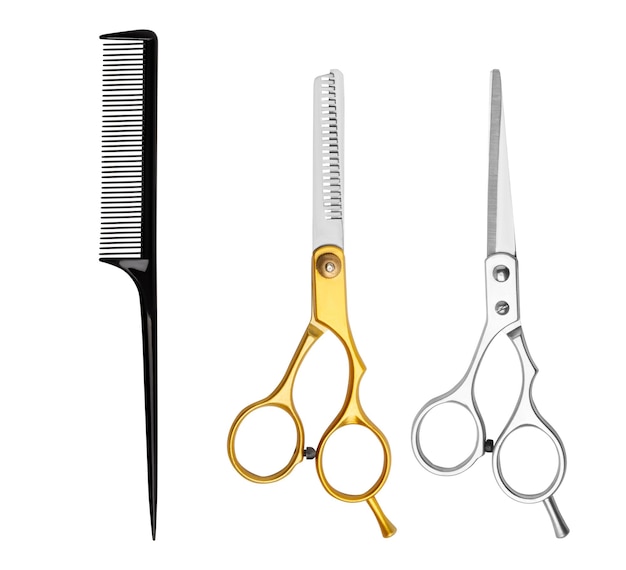 SetComb ciseaux professionnels pour les cheveux et ciseaux d'amincissement sur un fond blanc