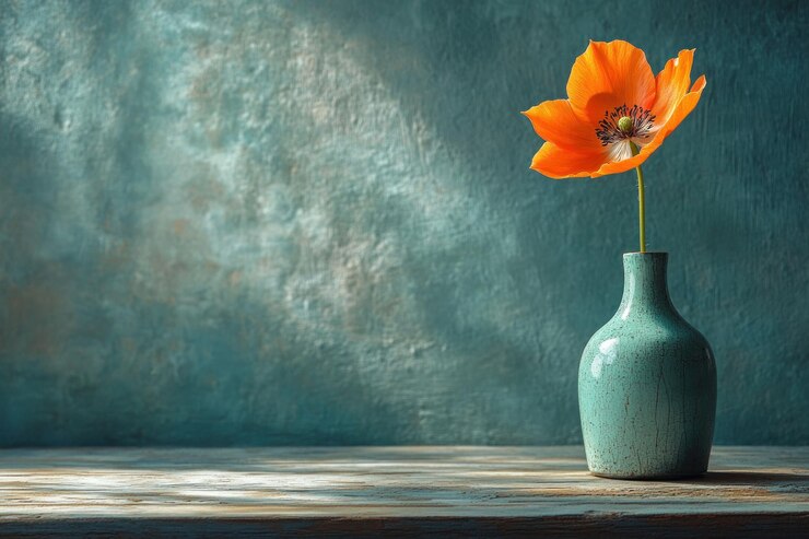 PSD un seul pavot orange dans un vase teal sur une table en bois rustique contre un fond teal texturé éclairé par la lumière du soleil