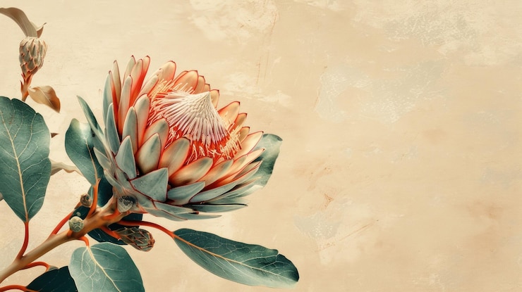 PSD une seule fleur de protéa rose vibrante fleurit sur un fond de texture douce créant un visuel époustouflant