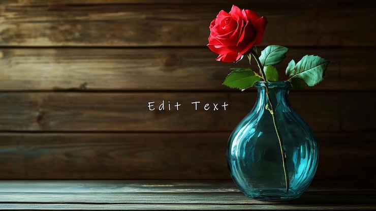 PSD une seule rose rouge dans un vase en verre teal sur un fond en bois rustique