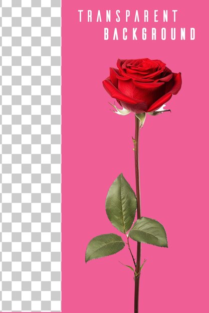 PSD une seule tige de rose rouge transparente isolée sur fond blanc