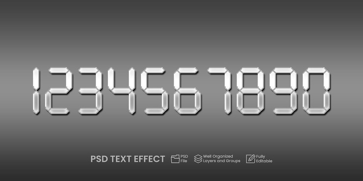 PSD seven segment text effect silver metal effect