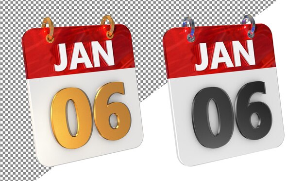 Sexto 6 de enero Fecha Icono 3D aislado Amplificador de oro Renderizado 3D brillante