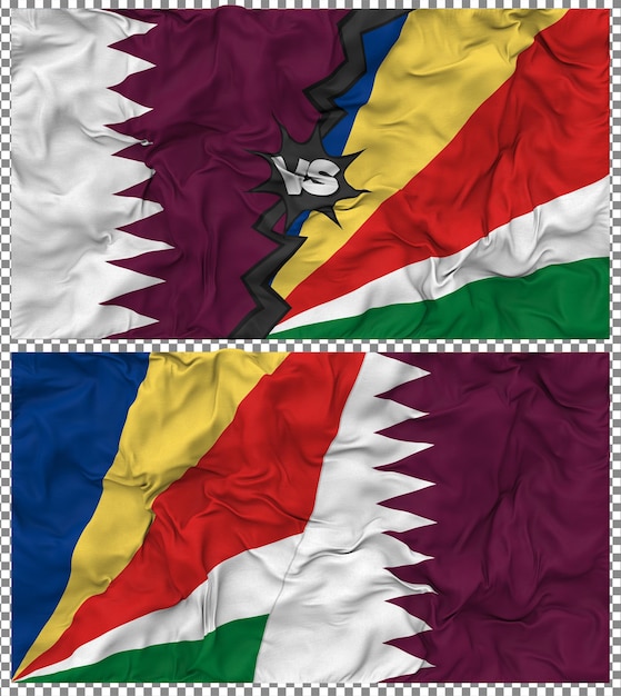 Seychellen gegen Katar Halbkombinierte Flagge Stoff-Bump-Textur 3D-Rendering