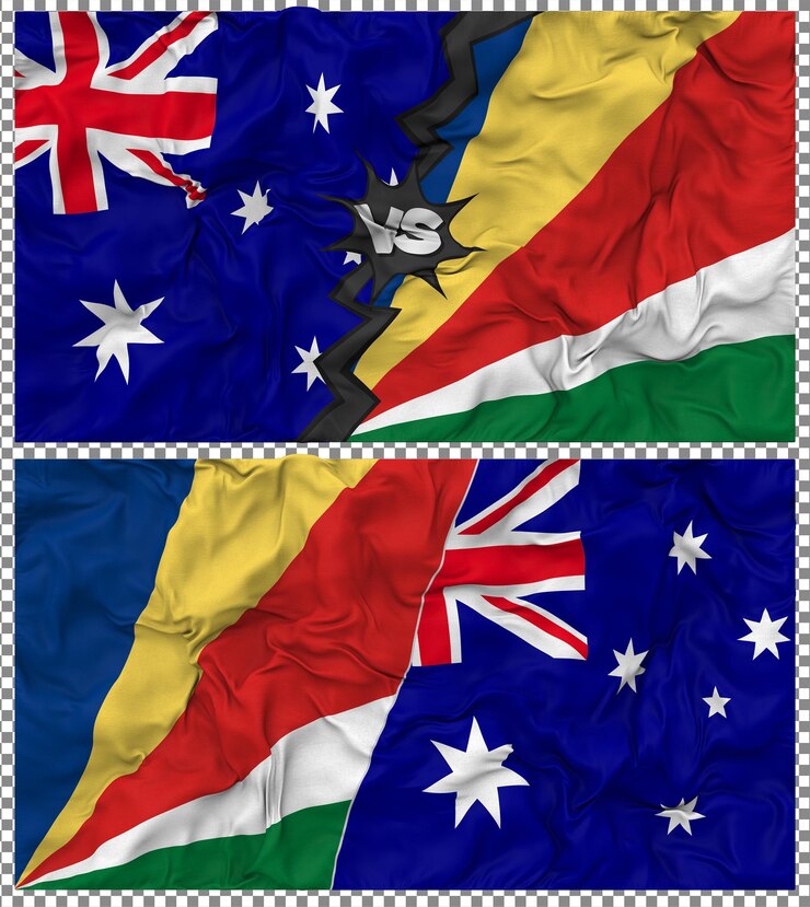 PSD seychelles contra australia media bandera combinada con textura 3d de la tela