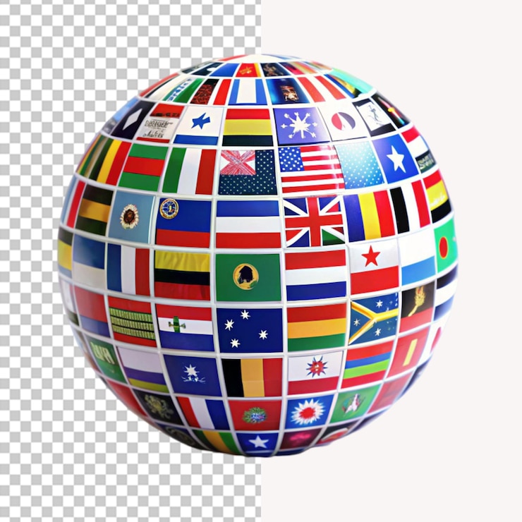 PSD sfera globale 3d con bandiere del mondo su uno sfondo trasparente