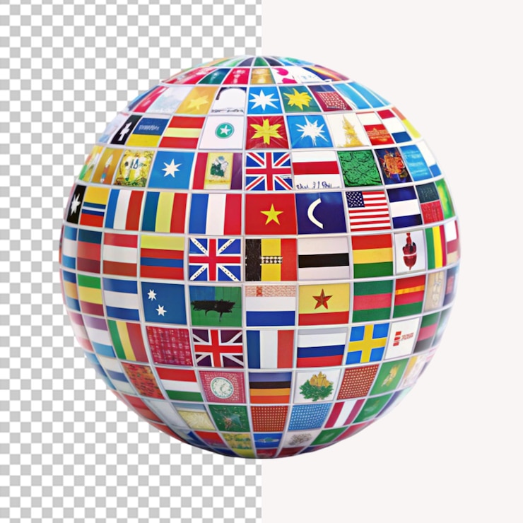 PSD sfera globale 3d con bandiere del mondo su uno sfondo trasparente