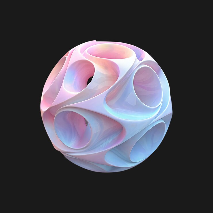 PSD sfera iridescente con fori rendering 3d di arte astratta