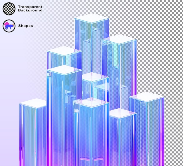 Sfondio 3D astratto con vetro olografico rettangolo trasparente cubo pilastri cristallo colonne arcobaleno gradiente neon modello di blocco rettangolare Rendering digital tech banner bg