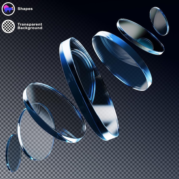 Sfondio 3D blu scuro con dischi trasparenti di vetro Piastre circolari di cristallo Dischi chiari con gradiente olografico Rifrazione della luce e effetto di movimento Rendering di forme geometriche astratte