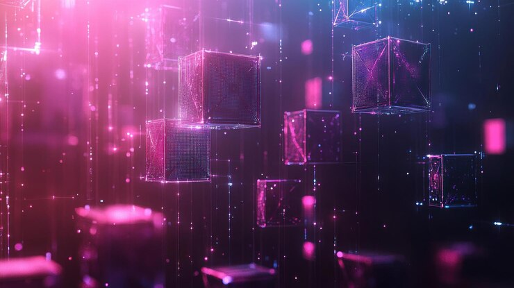 PSD sfondio digitale astratto con cubi e linee luminose in tonalità rosa e blu