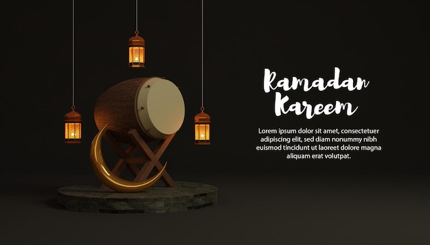 sfondo 3d ramadan kareem con bedug e lampada sul podio