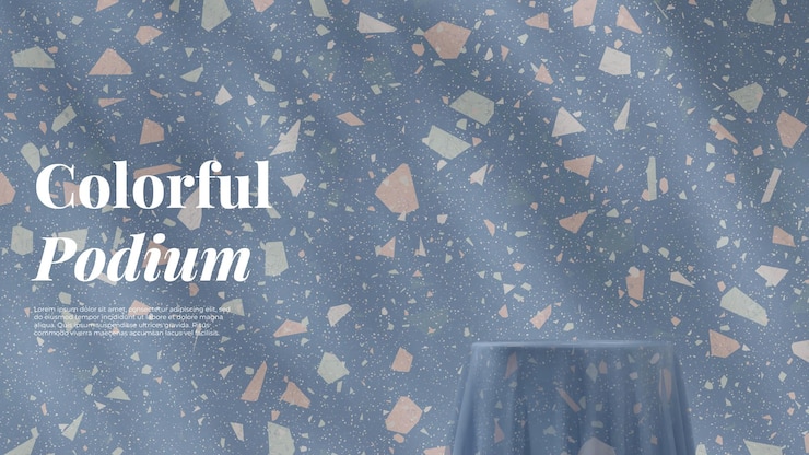 PSD sfondo di mockup dell'immagine di rendering 3d di texture con motivo a terrazzo pieno di un singolo podio nel paesaggio