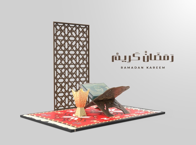 Sfondo di saluto ramadan islamico con lanterna araba 3d a mezzaluna e Corano
