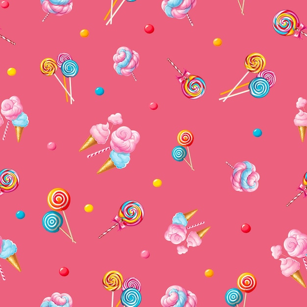sfondo senza cuciture con illustrazioni di lecca-lecca e cotone caramellato