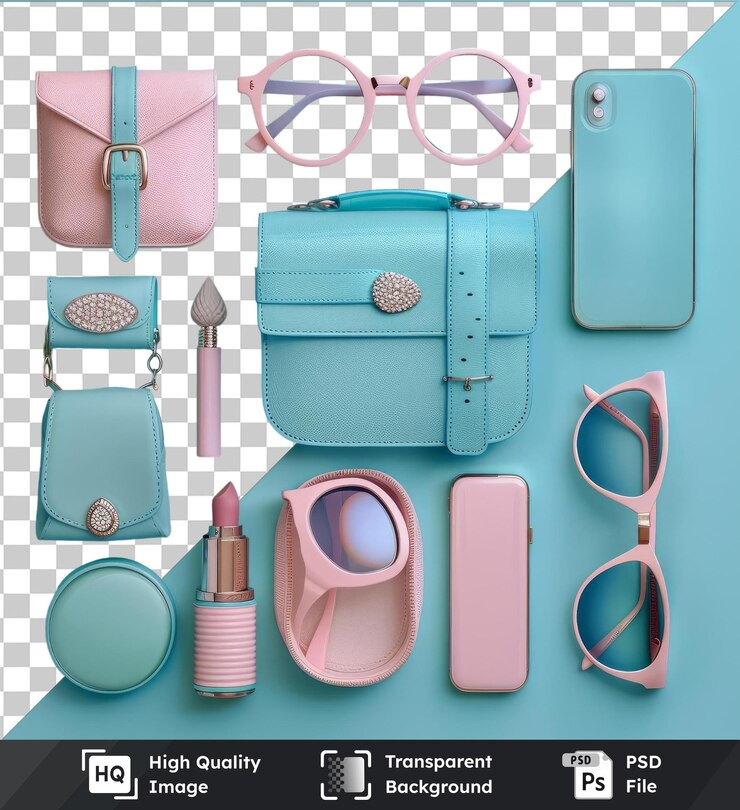 PSD sfondo trasparente con accessori di moda di lusso per donne isolati impostati su un tavolo blu con una custodia blu occhiali rosa e una bottiglia rosa
