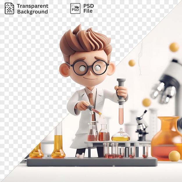 sfondo trasparente con cartone animato di uno scienziato 3D isolato che conduce esperimenti in un laboratorio