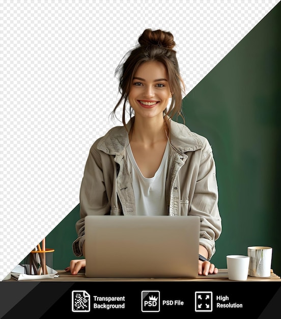 sfondo trasparente con sorriso isolato allegra divertente bella attraente giovane donna bruna ventenne che indossa una giacca casuale di base in piedi a lavorare su laptop pc computer studio foto